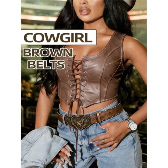 Women Western Belt with Heart Embossed Buckle Vintage Brown Belt for main image 7